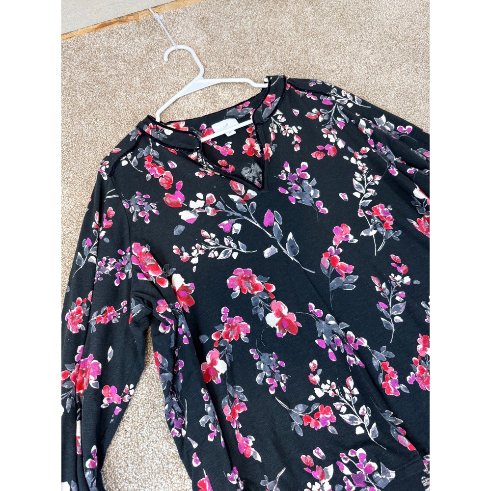 J. Jill Black Pink Floral Split Neck Cotton Blend Blouse XL Petite Long Sleeve